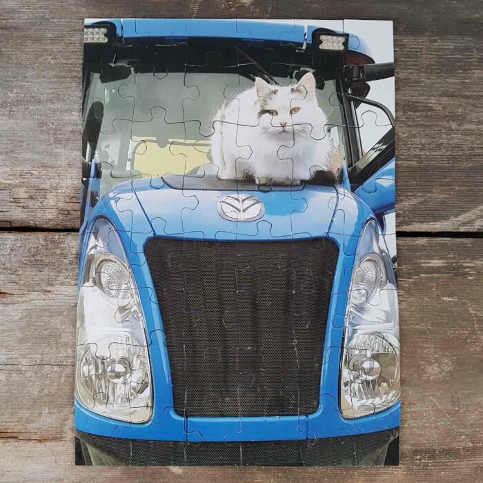 48 palan palapeli kasattuna lautojen päällä. Kuvassa valkoinen kissa istuu New Holland-traktorin konepellillä.