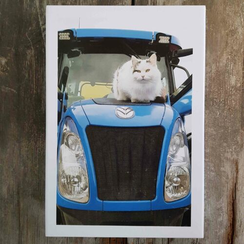 Palapelilaatikko. Kannessa valkoinen kissa istuu traktorin konepellillä.